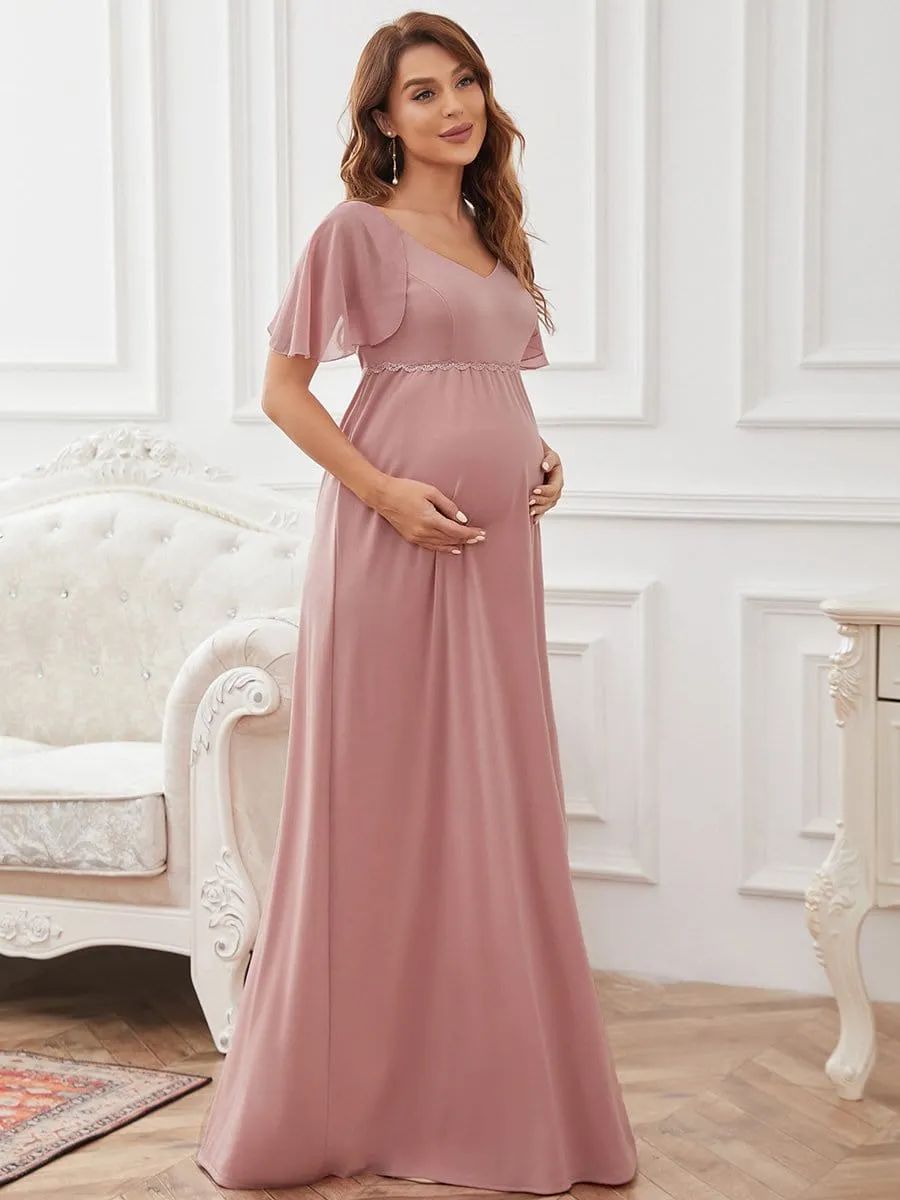 A-Line Chiffon Flutter Sleeve Applique Floor-Length Maternity Dress