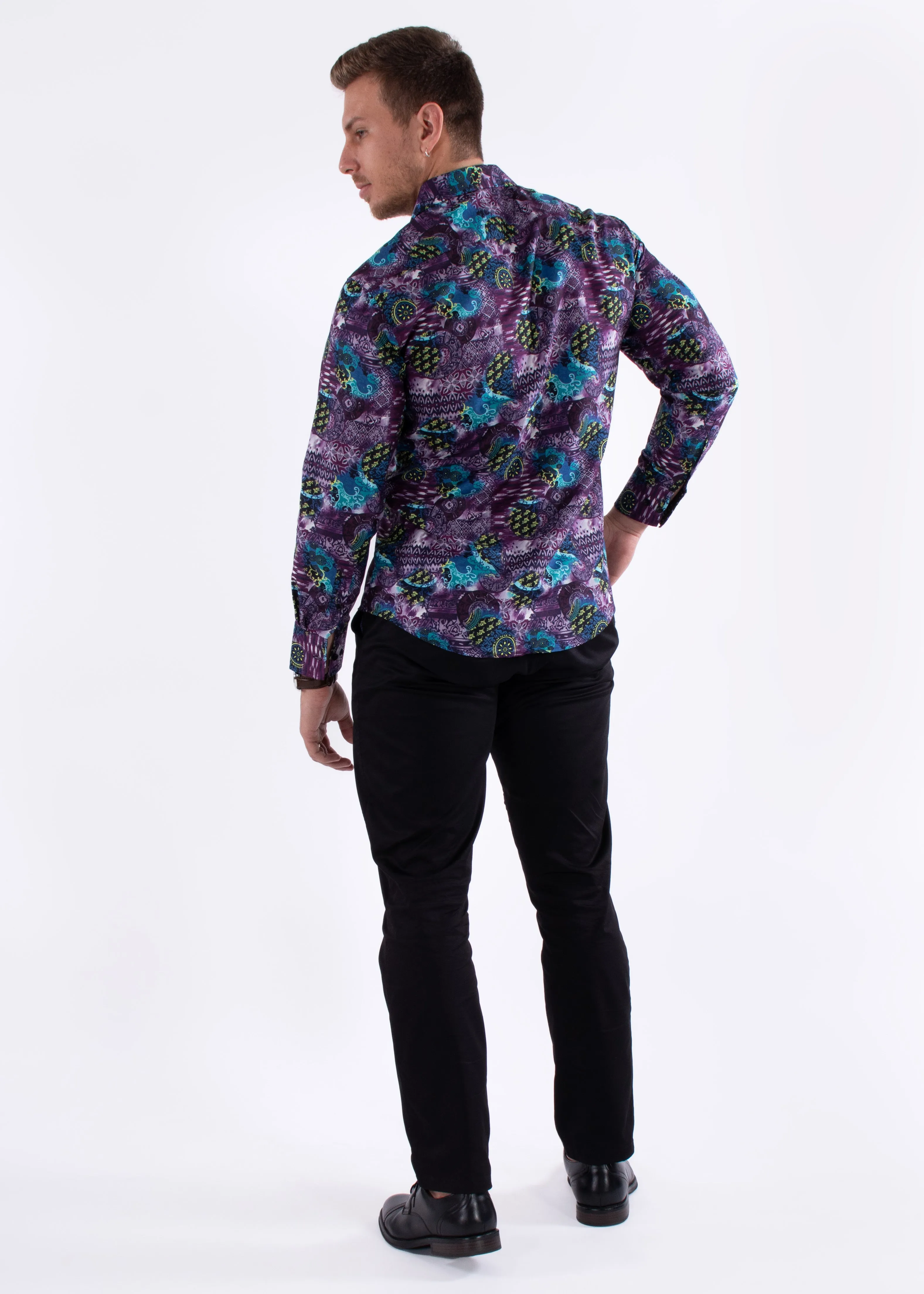 Arcade Print Purple Long Sleeve Dress Shirt