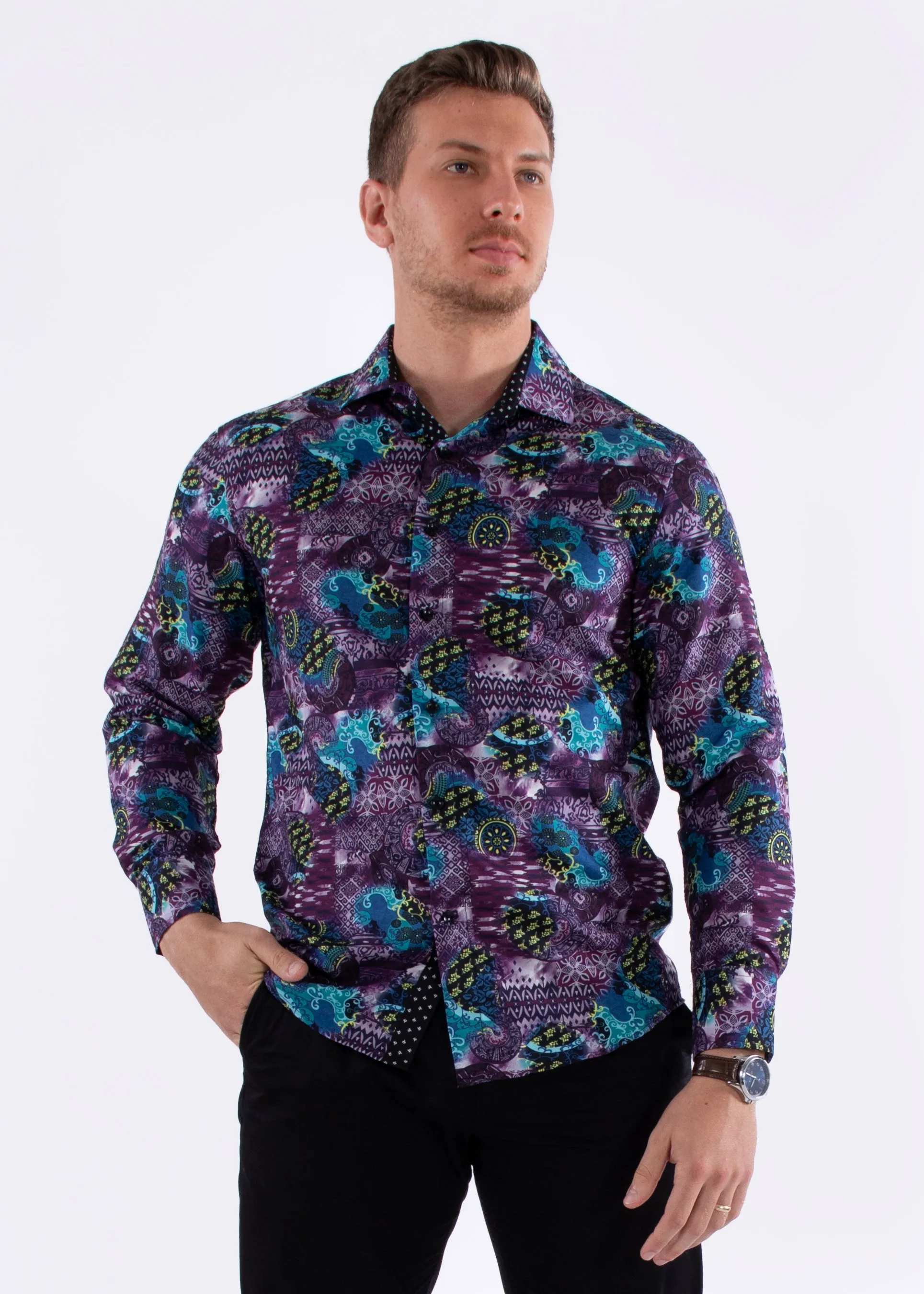 Arcade Print Purple Long Sleeve Dress Shirt