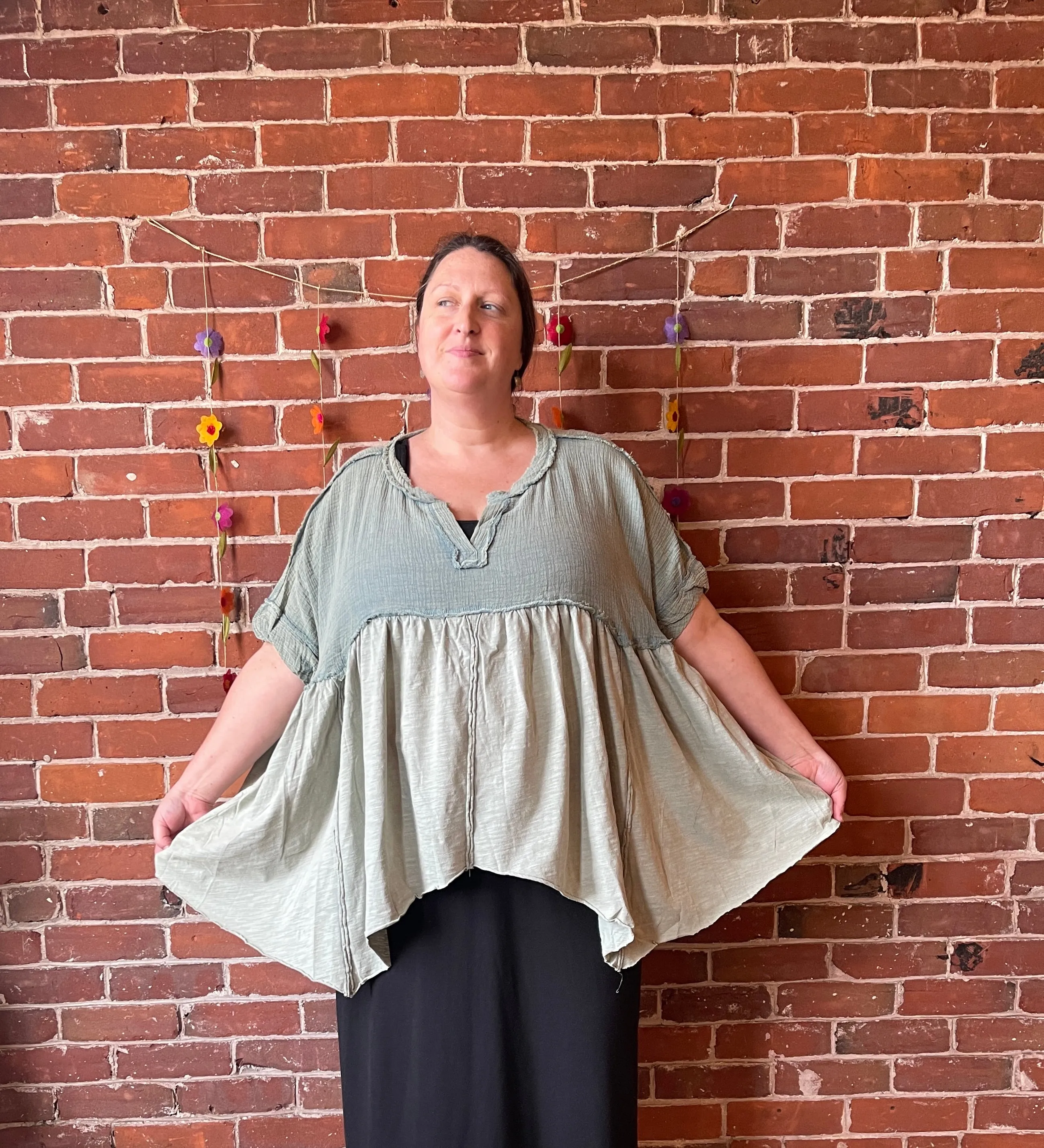 Autumn Moon Oversized Flowy Trapeze Top 100% cotton - Sage