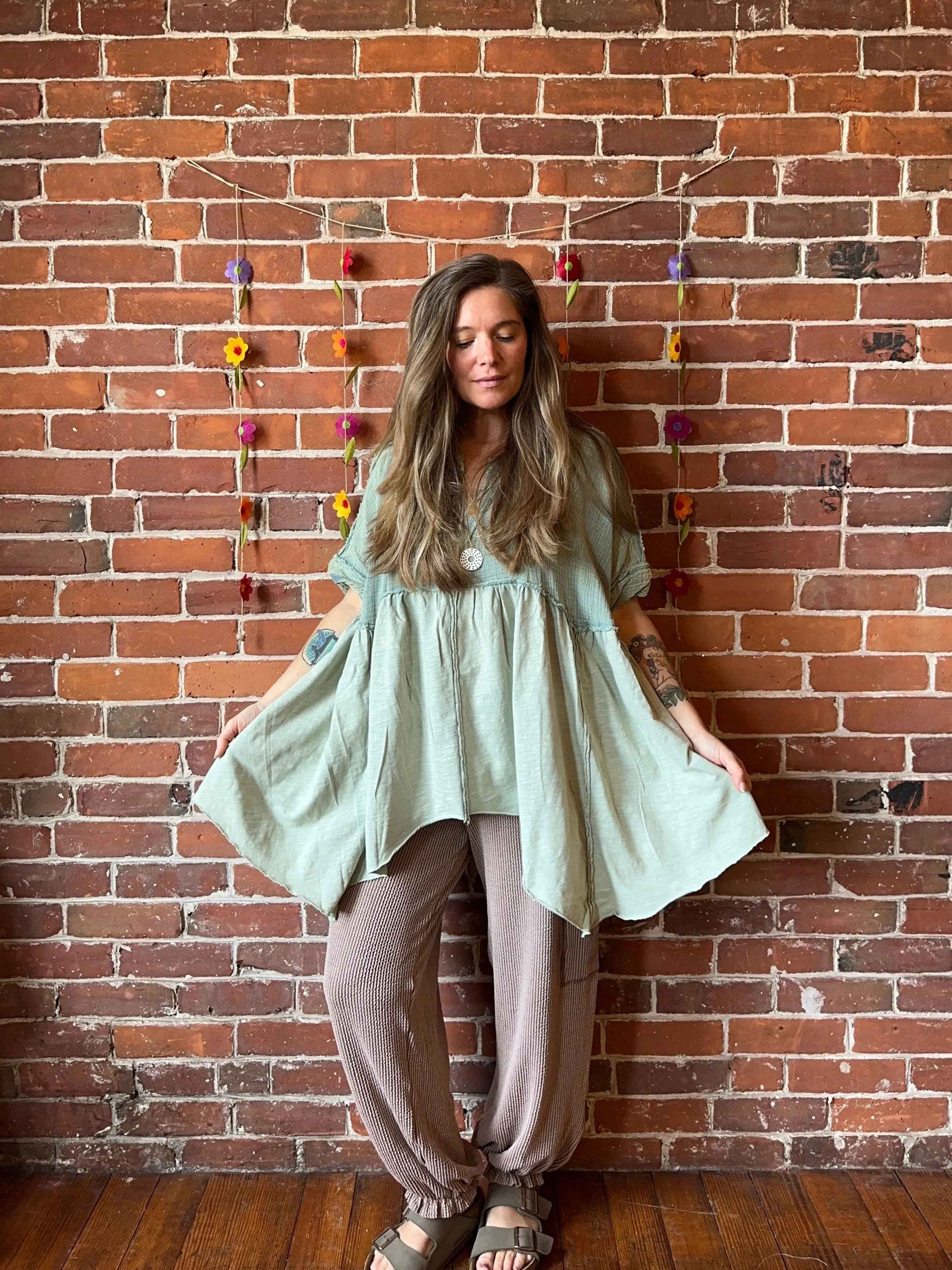 Autumn Moon Oversized Flowy Trapeze Top 100% cotton - Sage