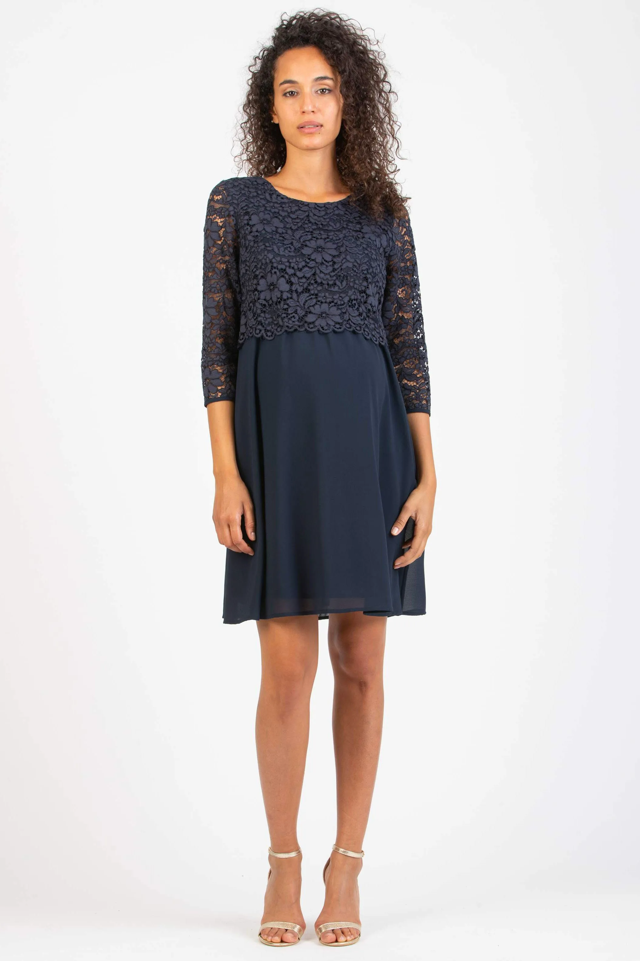 Ava Lace & Chiffon Maternity Nursing Dress In French Navy