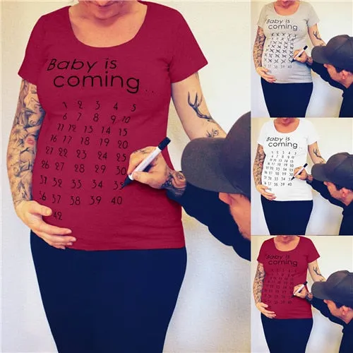 Baby Is Coming Print Women Maternity Clothing Pregnant Short T Shirt Funny Top For Photography Photo Shoot Plus Size