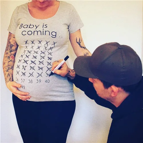 Baby Is Coming Print Women Maternity Clothing Pregnant Short T Shirt Funny Top For Photography Photo Shoot Plus Size