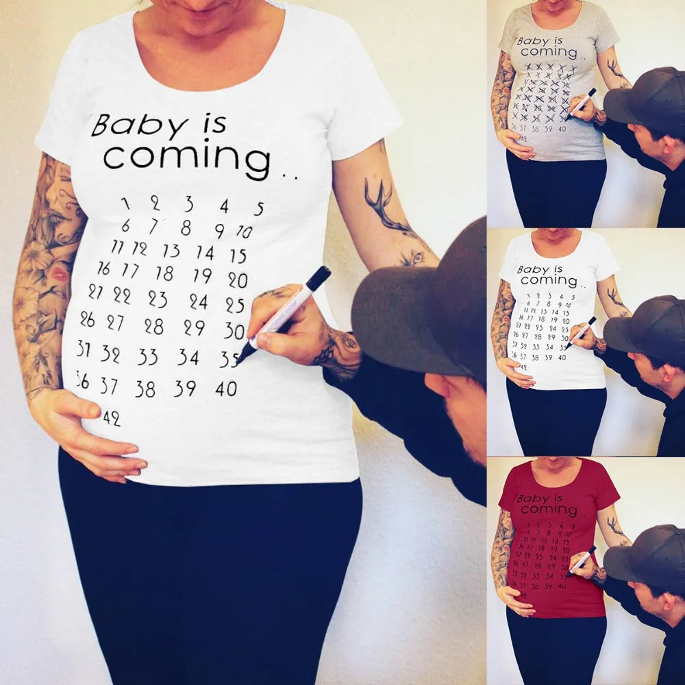 Baby Is Coming Print Women Maternity Clothing Pregnant Short T Shirt Funny Top For Photography Photo Shoot Plus Size