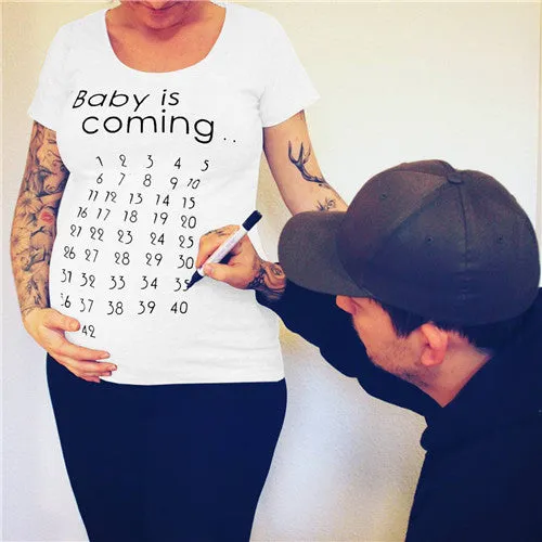 Baby Is Coming Print Women Maternity Clothing Pregnant Short T Shirt Funny Top For Photography Photo Shoot Plus Size