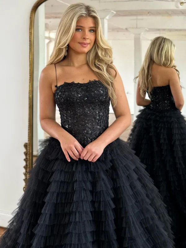 Black A-Line Spaghetti Straps Tiered Sequins Tulle Long Prom Dress,DP731