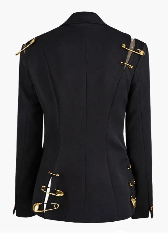 Black Blazer With Golden Safety Pin Trims