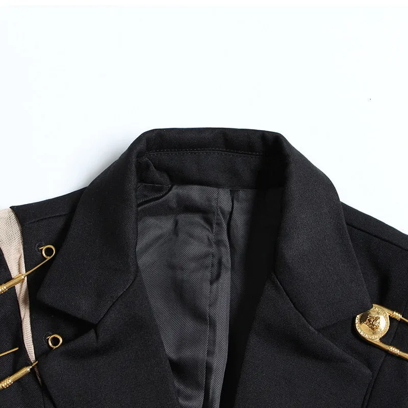 Black Blazer With Golden Safety Pin Trims