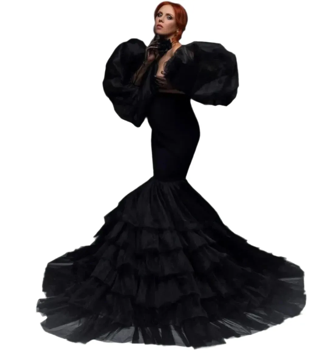 Black Puff Sleeve Mermaid Gown