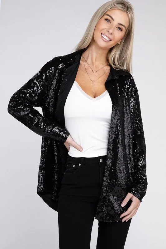 Black Sequin Collared Button Up Shirt