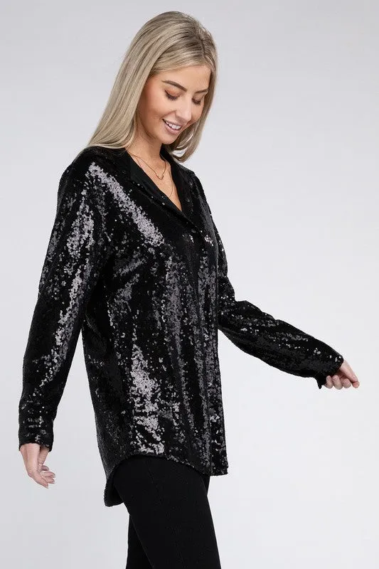 Black Sequin Collared Button Up Shirt