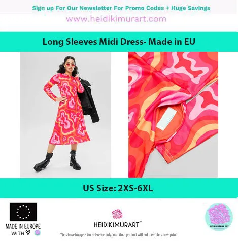 Black Sunflower Floral Dress, Long Sleeve Midi Dress For Women - Made in EU (US Size: 2XS-6XL)