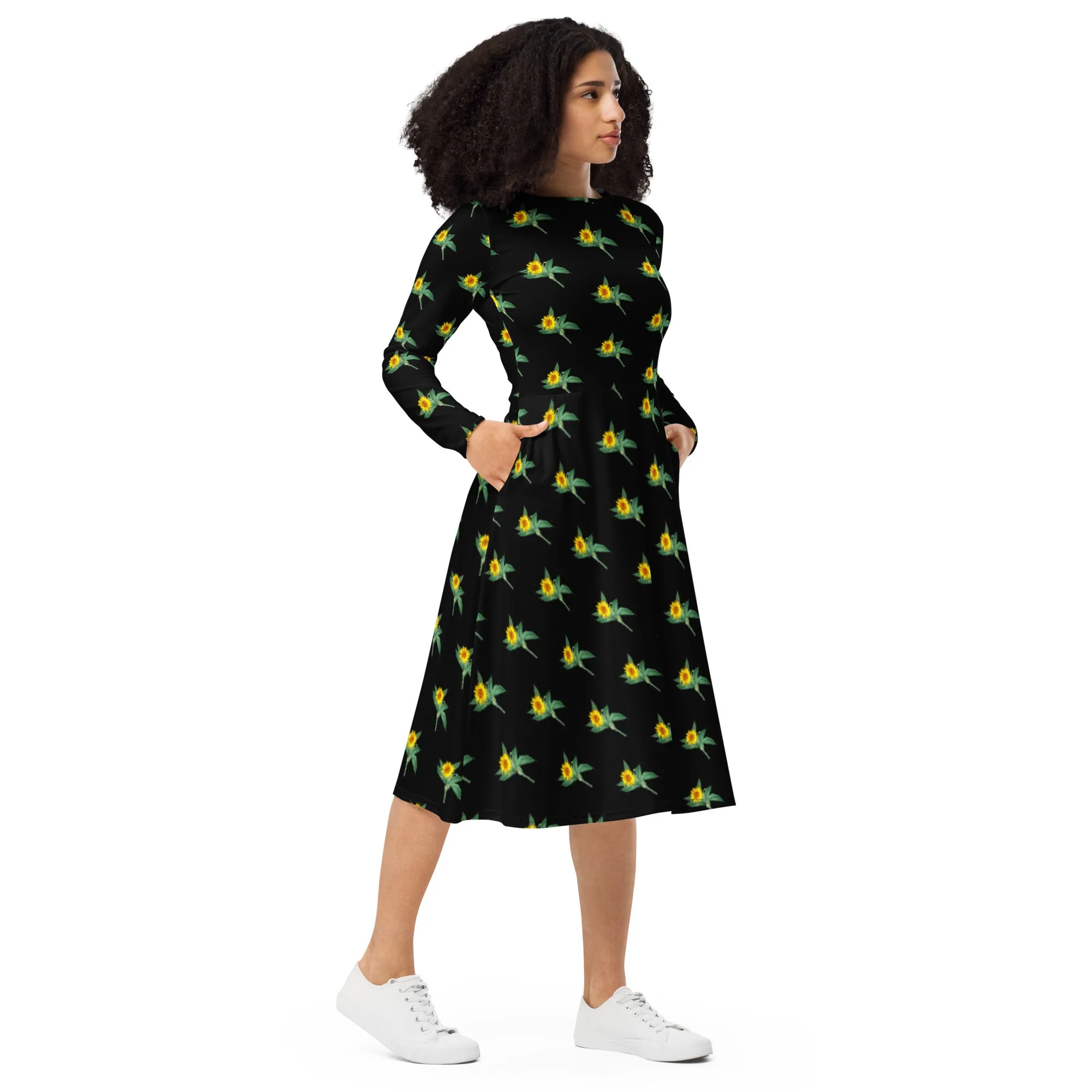 Black Sunflower Floral Dress, Long Sleeve Midi Dress For Women - Made in EU (US Size: 2XS-6XL)