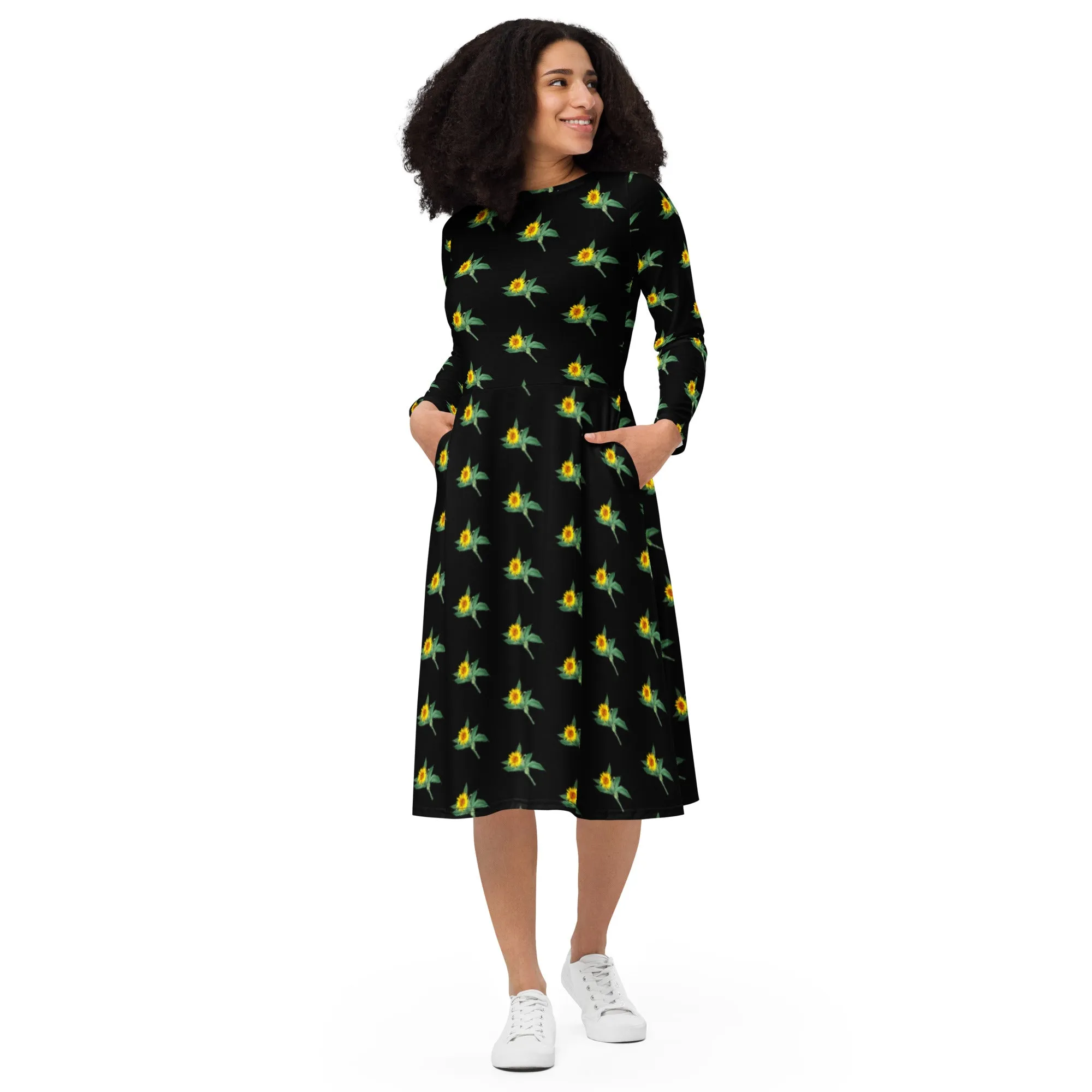 Black Sunflower Floral Dress, Long Sleeve Midi Dress For Women - Made in EU (US Size: 2XS-6XL)