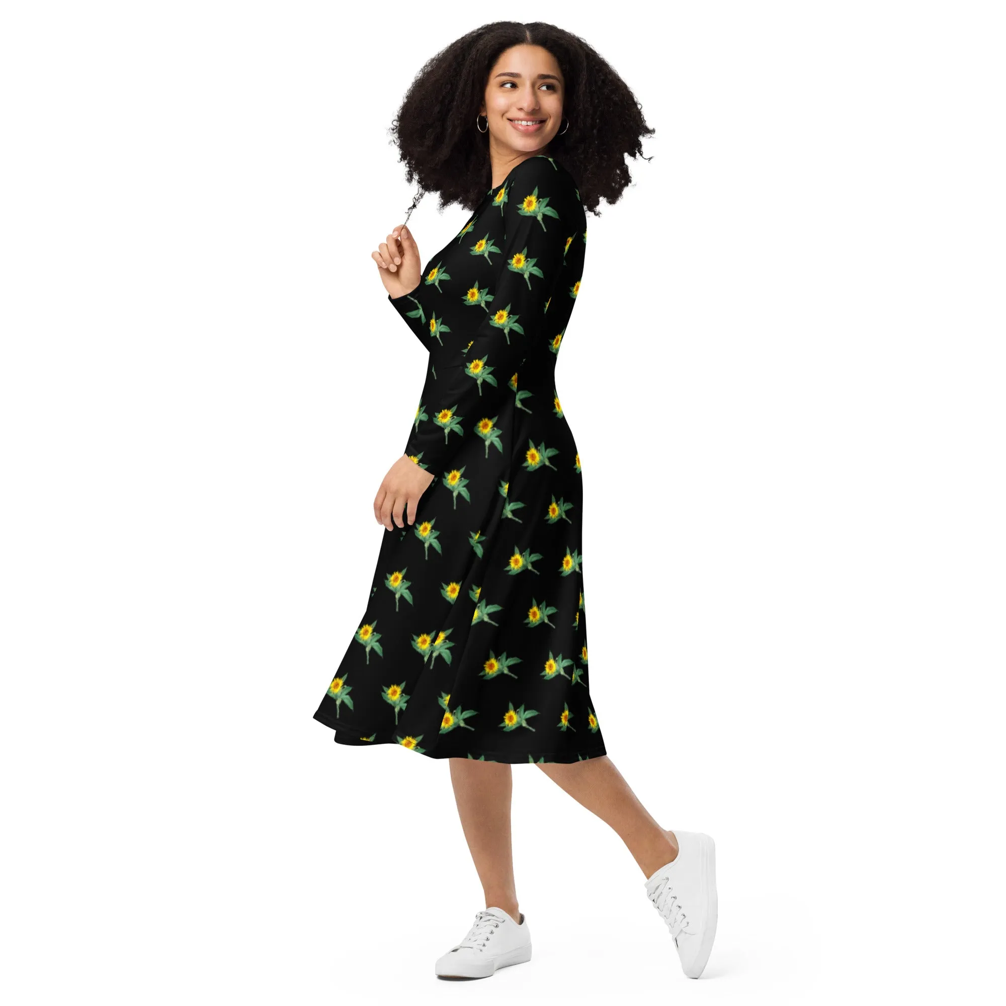 Black Sunflower Floral Dress, Long Sleeve Midi Dress For Women - Made in EU (US Size: 2XS-6XL)