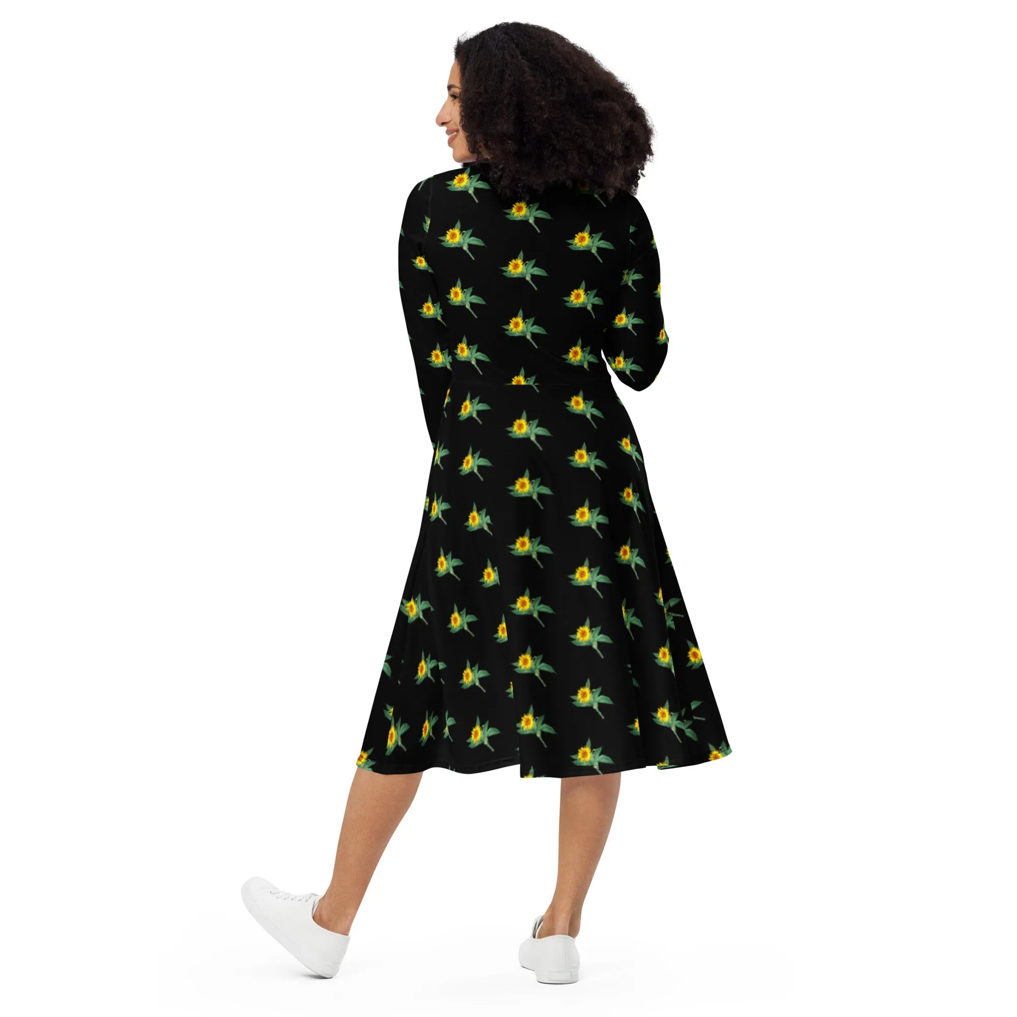 Black Sunflower Floral Dress, Long Sleeve Midi Dress For Women - Made in EU (US Size: 2XS-6XL)