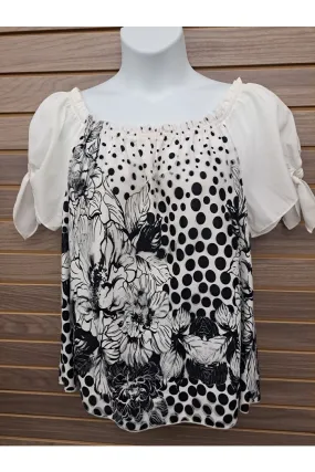 Blk & white floral self-tie sleeves