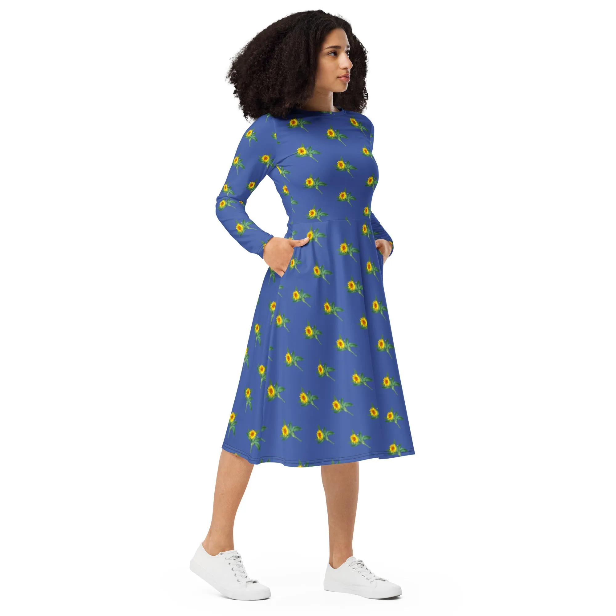 Blue Sunflower Floral Dress, Long Sleeve Midi Dress For Women - Made in EU (US Size: 2XS-6XL)