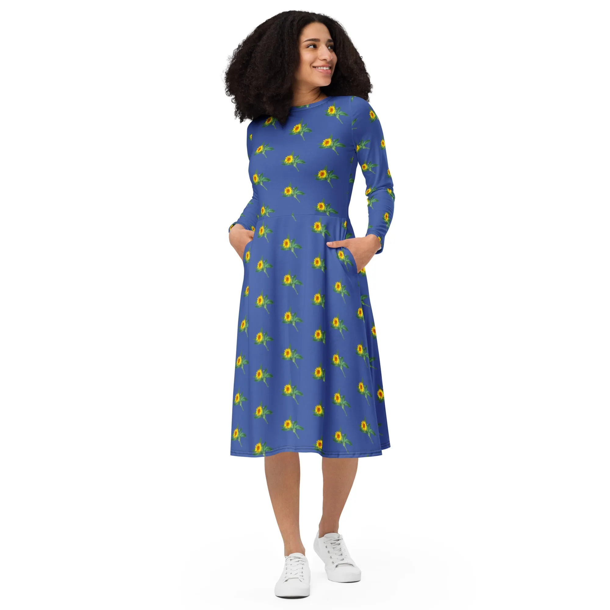 Blue Sunflower Floral Dress, Long Sleeve Midi Dress For Women - Made in EU (US Size: 2XS-6XL)