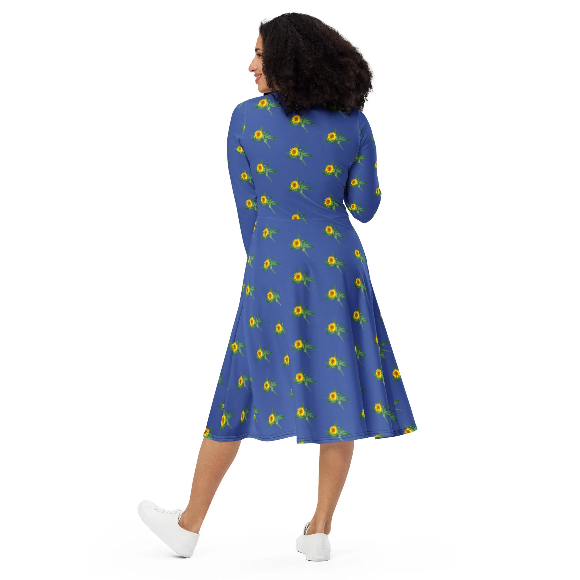 Blue Sunflower Floral Dress, Long Sleeve Midi Dress For Women - Made in EU (US Size: 2XS-6XL)