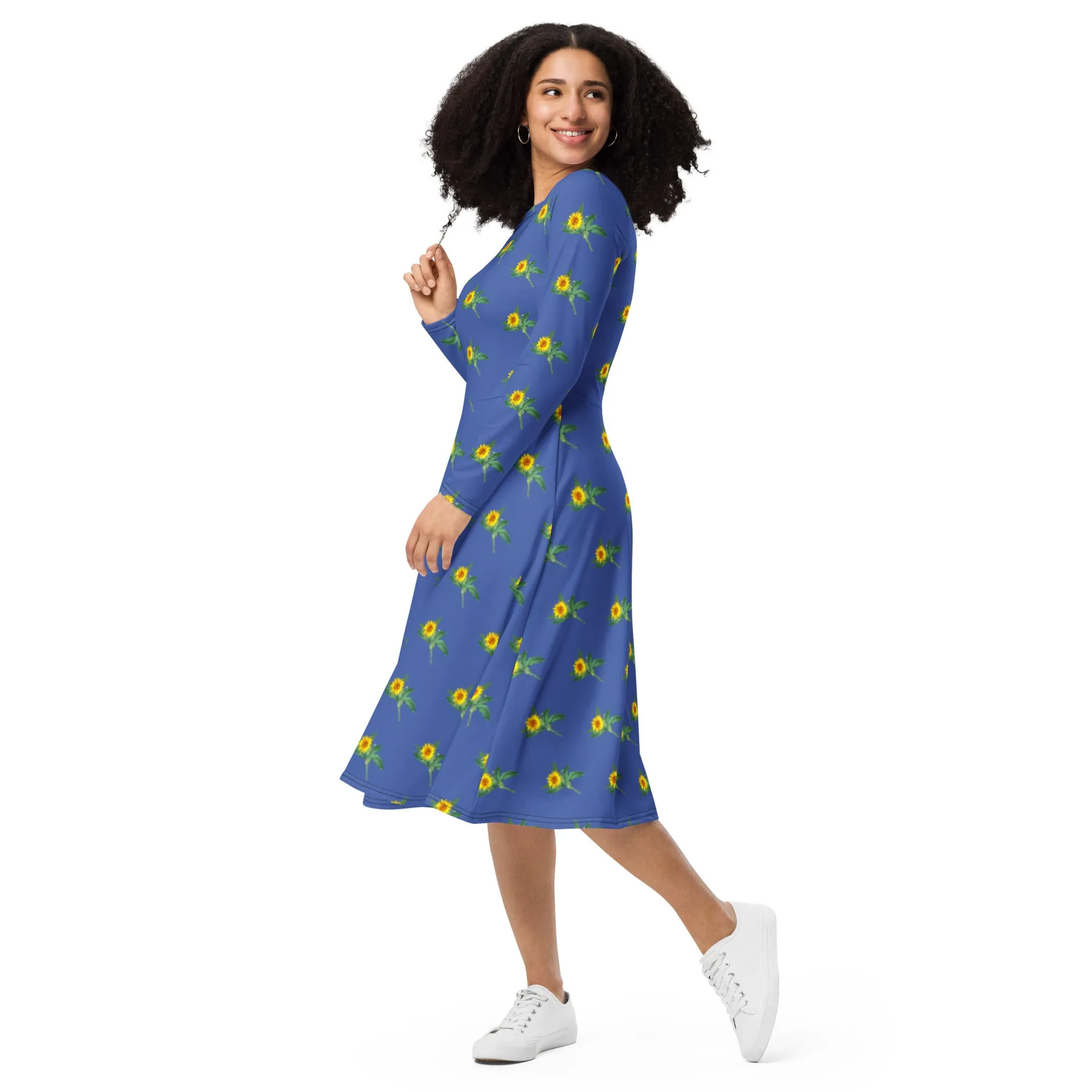 Blue Sunflower Floral Dress, Long Sleeve Midi Dress For Women - Made in EU (US Size: 2XS-6XL)