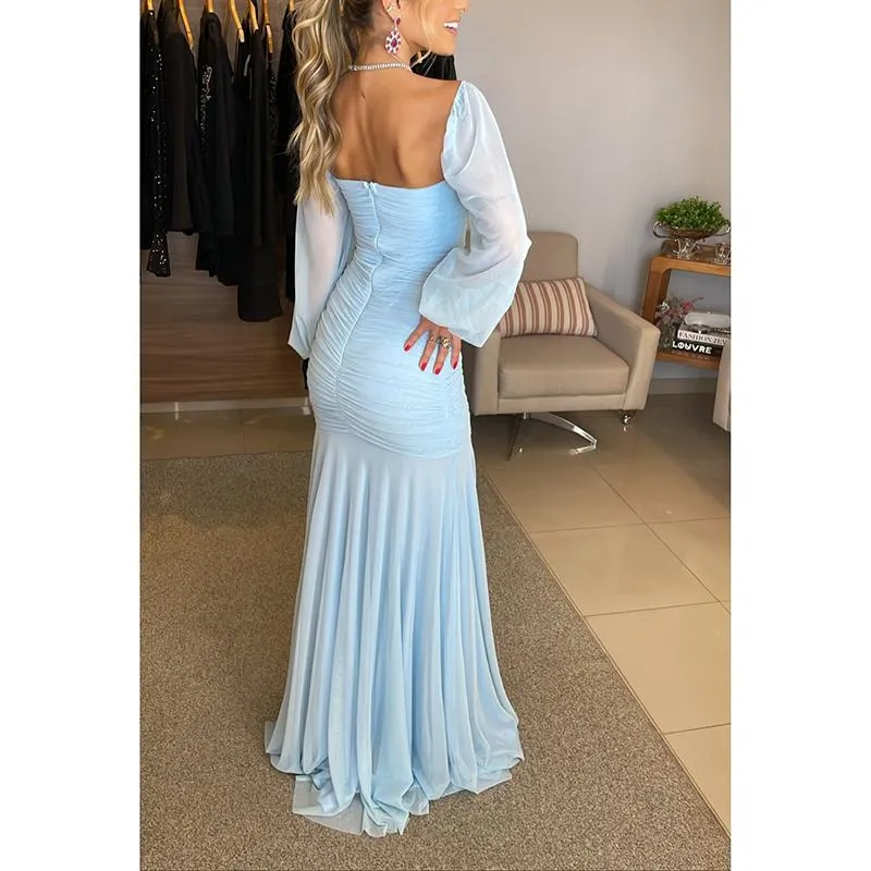 Blue Sweatheart Chiffon Long Party Dress Wedding Guest Dress, DP2123