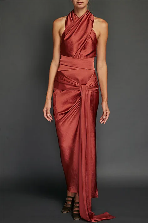 Brick Washed Satin Draped Halter Dress (Sold Out)