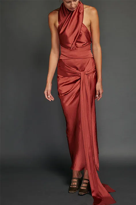 Brick Washed Satin Draped Halter Dress (Sold Out)