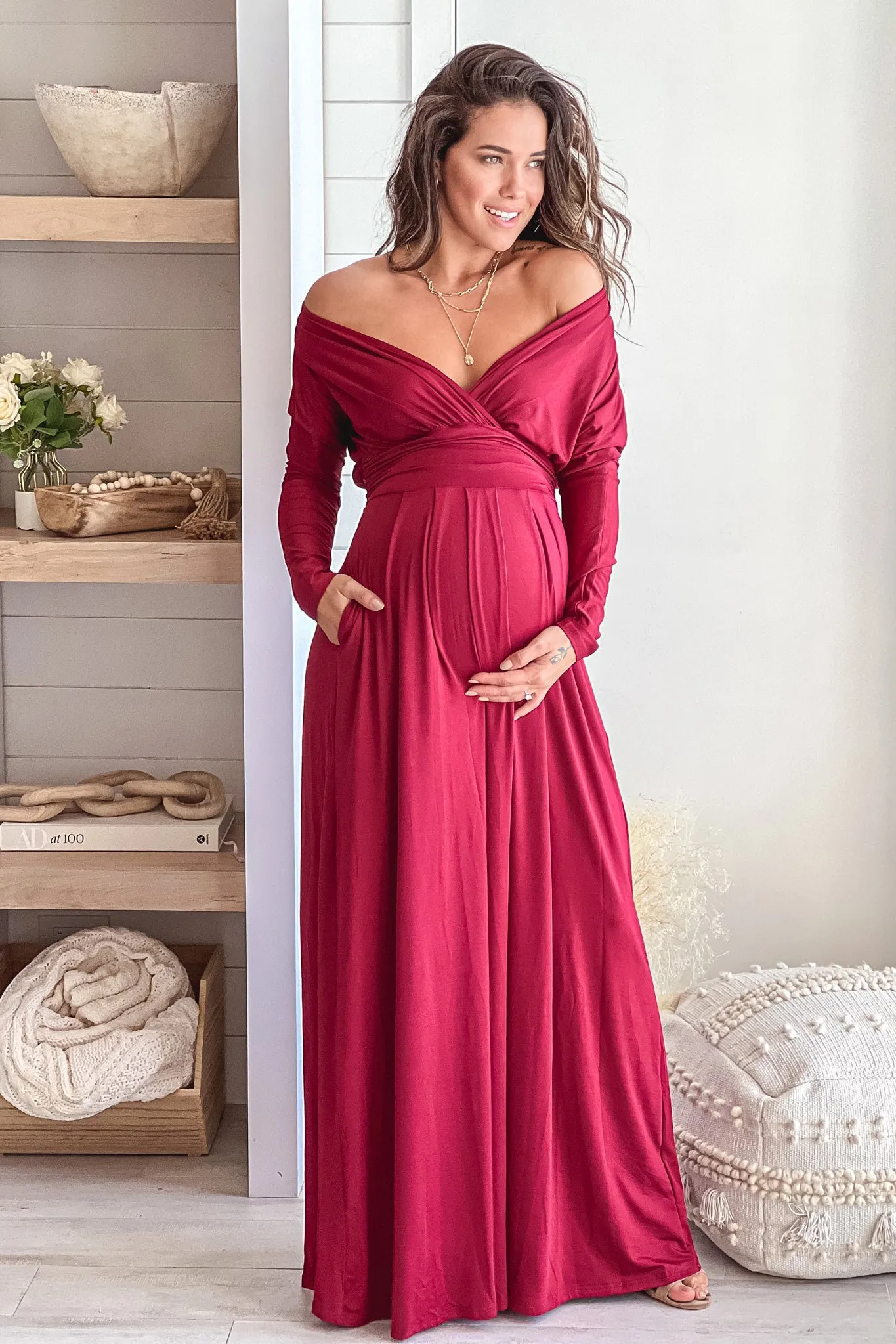 Burgundy Maternity Maxi Dress With Dolman Sleeves And Pockets