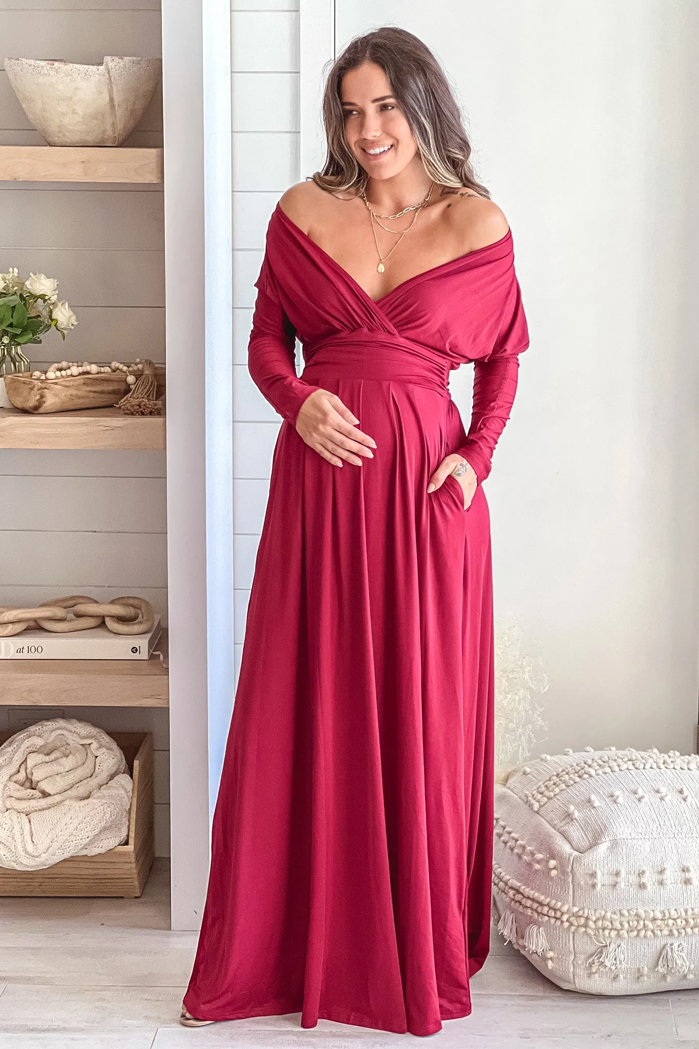 Burgundy Maternity Maxi Dress With Dolman Sleeves And Pockets