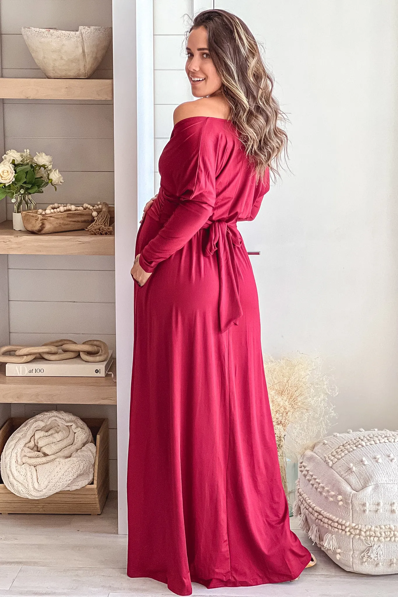 Burgundy Maternity Maxi Dress With Dolman Sleeves And Pockets