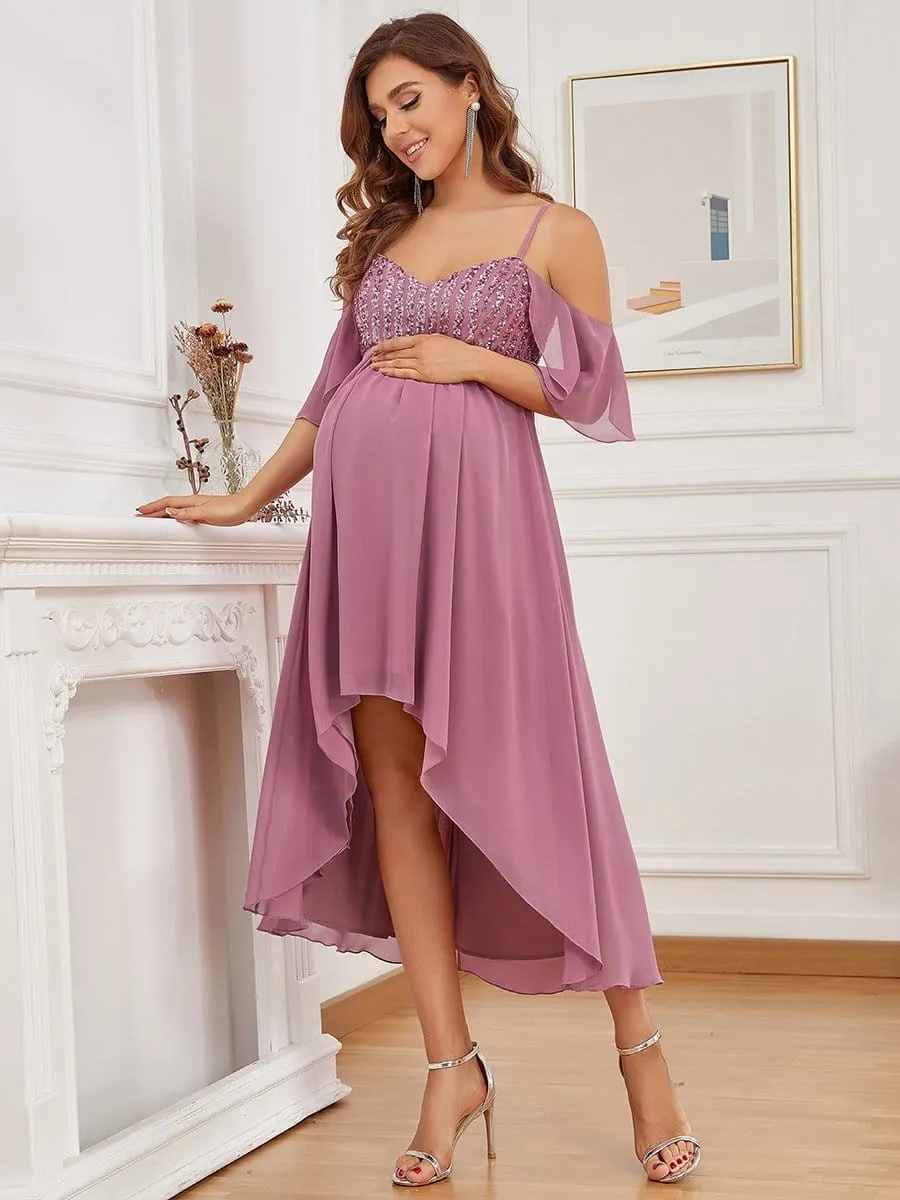 Cold Shoulder Sequin High Low Maternity Dress with Sleeves