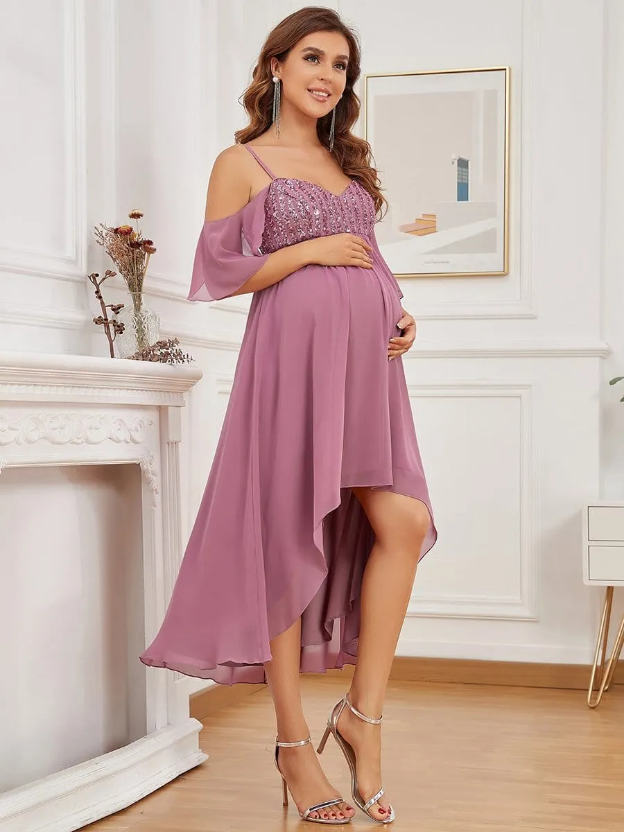 Cold Shoulder Sequin High Low Maternity Dress with Sleeves