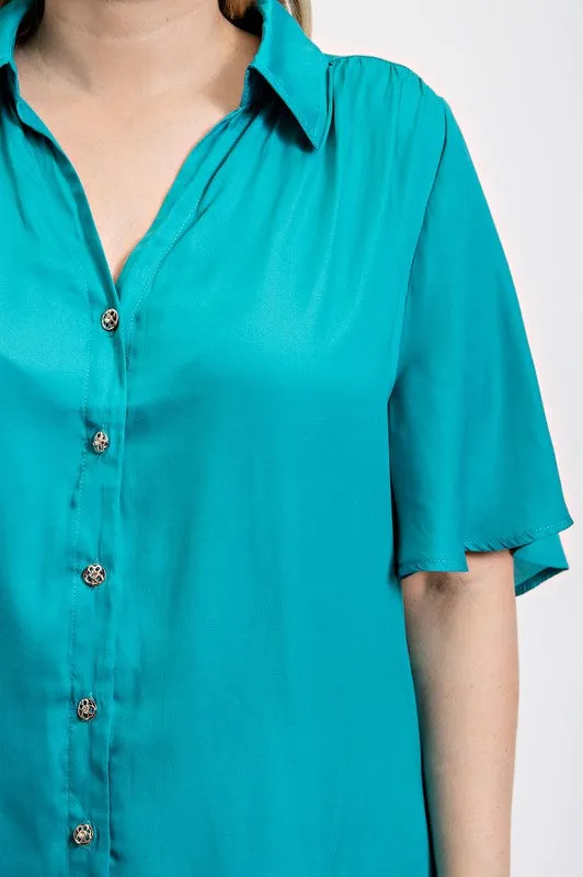 Collared Short Sleeve Button Down Loose Fit Blouse