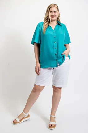 Collared Short Sleeve Button Down Loose Fit Blouse