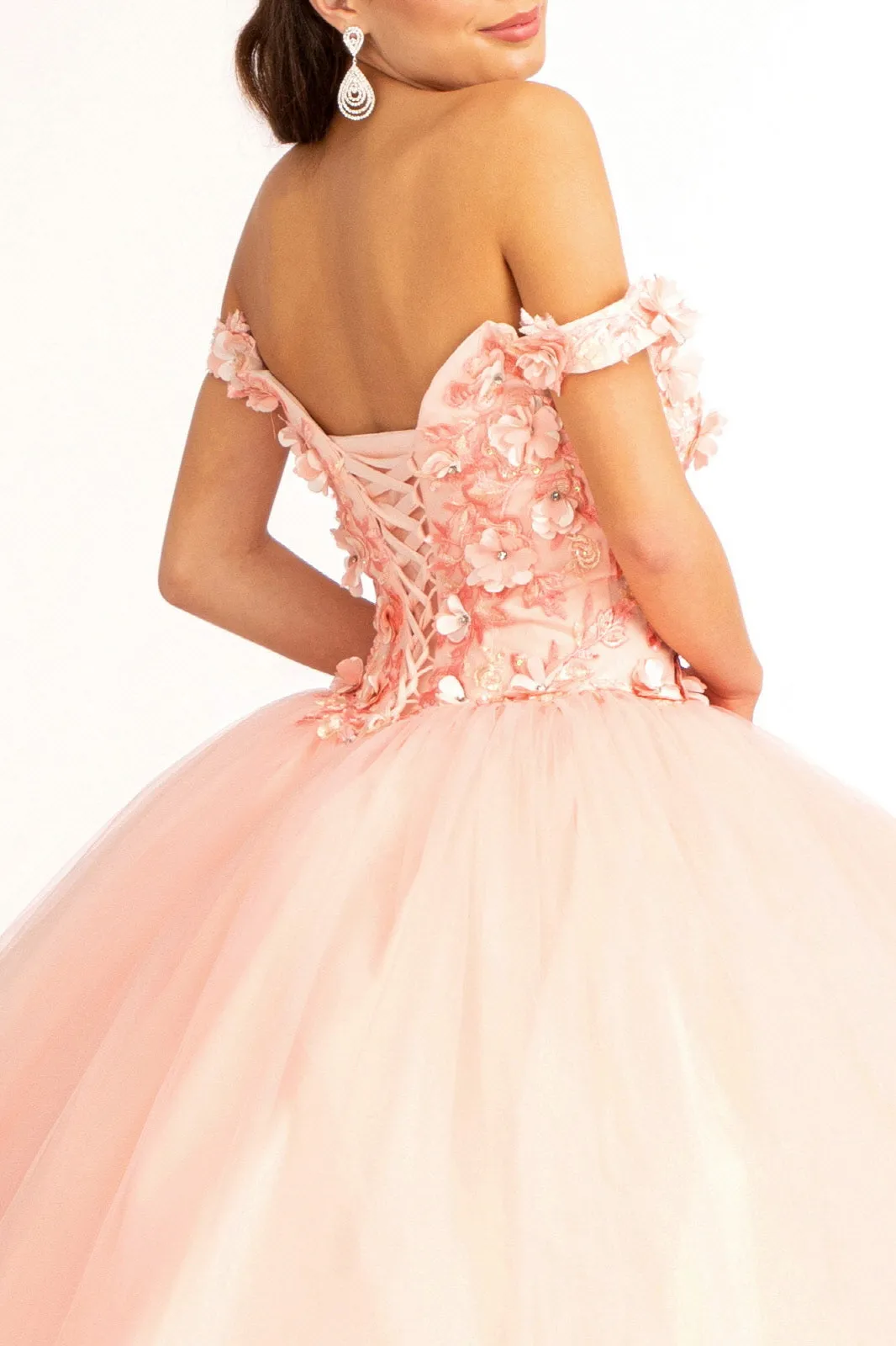 Cut-Away Shoulder 3D Floral Applique Embellished Quinceanera Dress GLGL1960