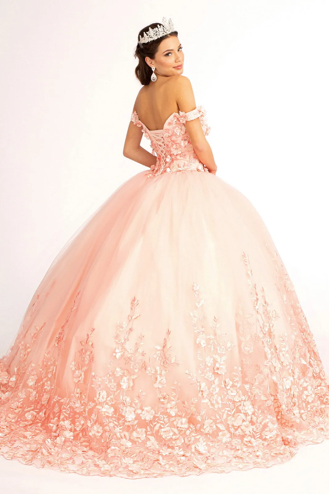 Cut-Away Shoulder 3D Floral Applique Embellished Quinceanera Dress GLGL1960