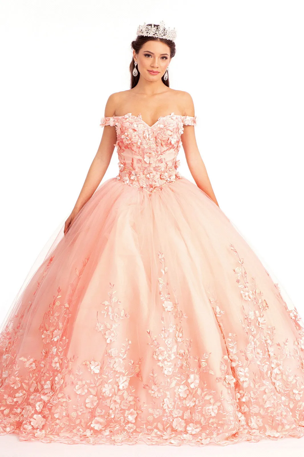 Cut-Away Shoulder 3D Floral Applique Embellished Quinceanera Dress GLGL1960