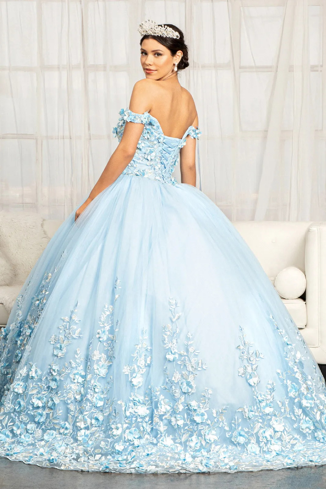 Cut-Away Shoulder 3D Floral Applique Embellished Quinceanera Dress GLGL1960