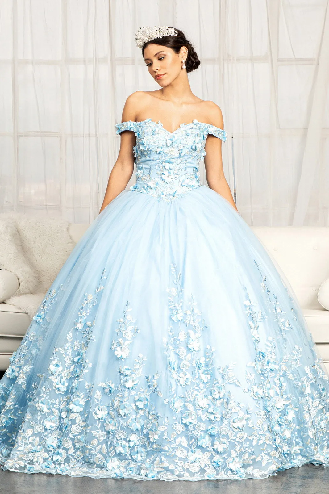 Cut-Away Shoulder 3D Floral Applique Embellished Quinceanera Dress GLGL1960