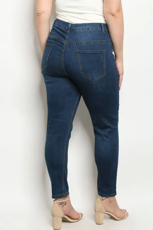 Dark Blue Distressed Denim Plus Size Skinny Jeans