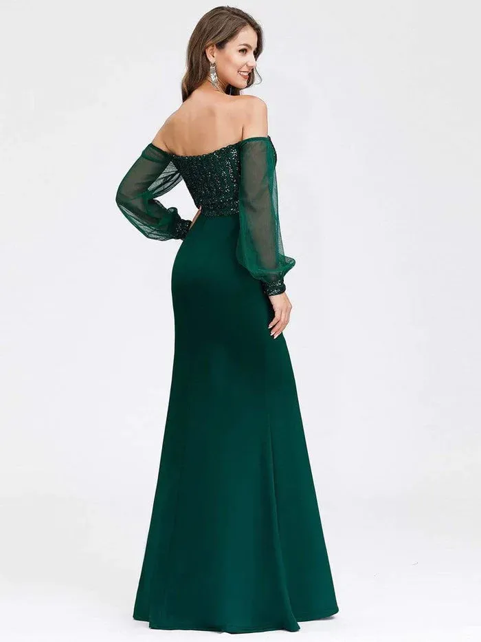 Fashion Off the Shoulder Sequin Evening Gowns With Tulle Sleeve