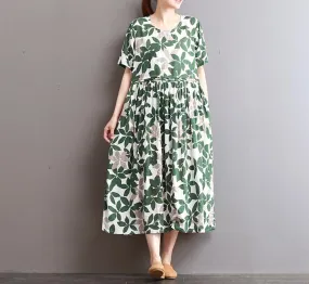 Floral Cotton Linen Dresses Women Long  Dresses Short Sleeve