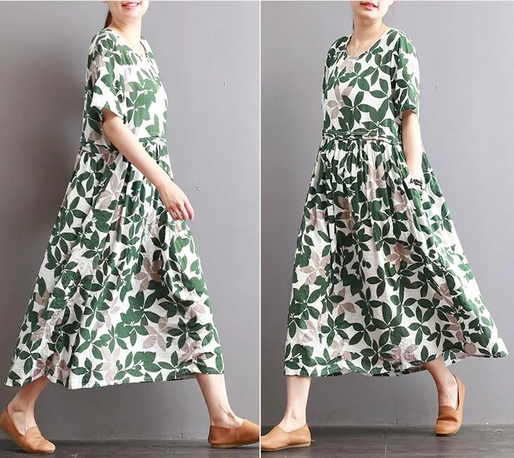 Floral Cotton Linen Dresses Women Long  Dresses Short Sleeve