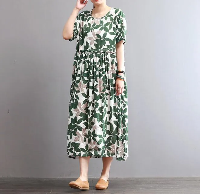 Floral Cotton Linen Dresses Women Long  Dresses Short Sleeve