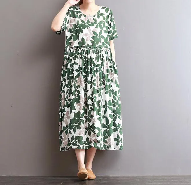 Floral Cotton Linen Dresses Women Long  Dresses Short Sleeve