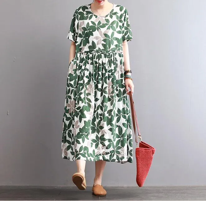 Floral Cotton Linen Dresses Women Long  Dresses Short Sleeve