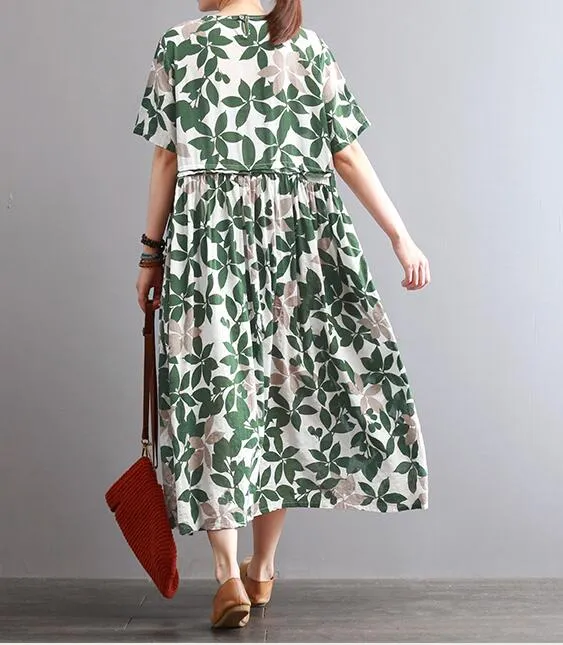 Floral Cotton Linen Dresses Women Long  Dresses Short Sleeve