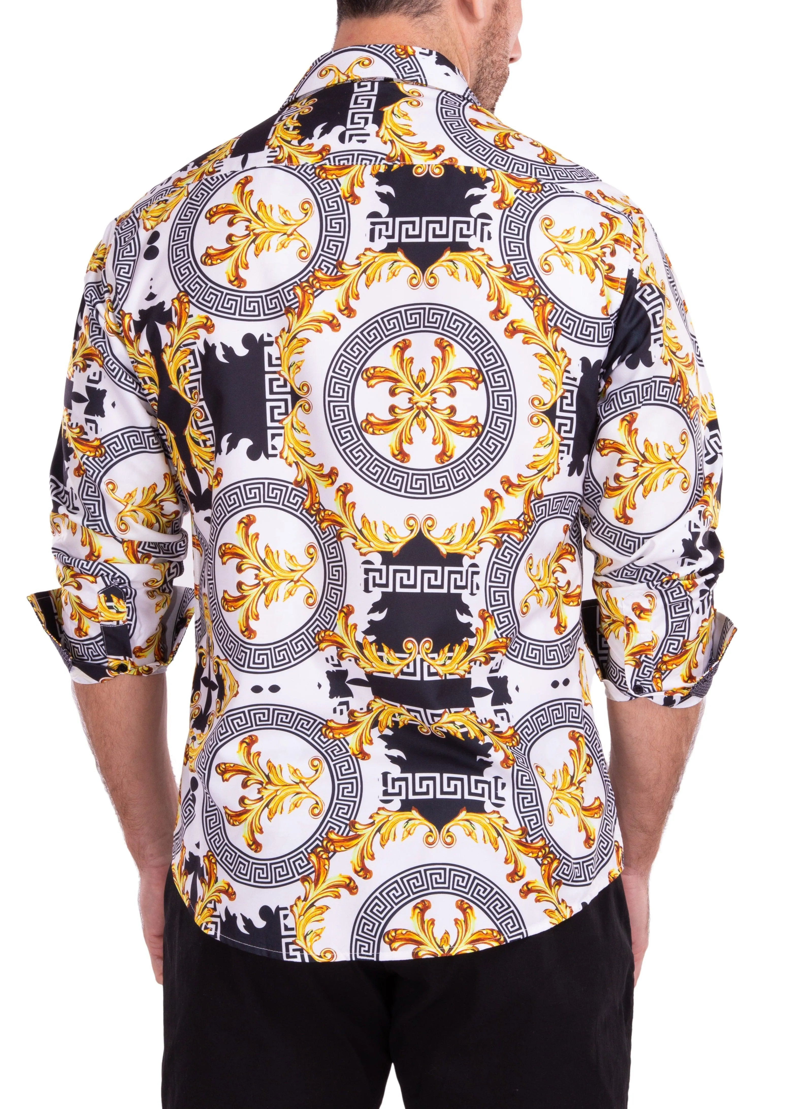 Gold Flourish Geo Contrast Print White Button Up Long Sleeve Dress Shirt